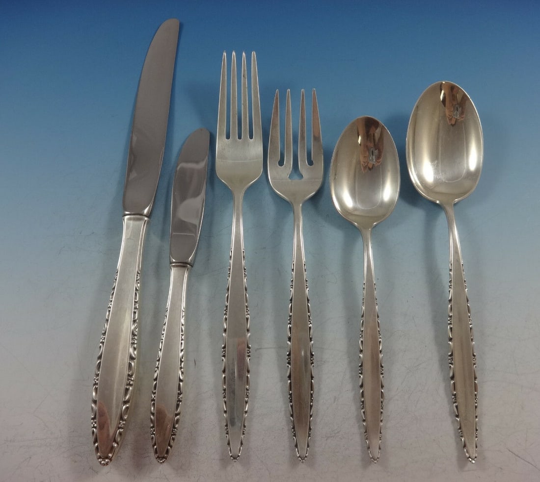 Lunt Lace Point Sterling Silver Flatware Set 74 Pieces for 12: Lunt Lace Point Sterling Silver Flatware Set 74 Pieces for 12 Enhance your dining experience with the stunning Lace Point Sterling Silver Flatware Set by Lunt, designed to elegantly serve up to 12 gue