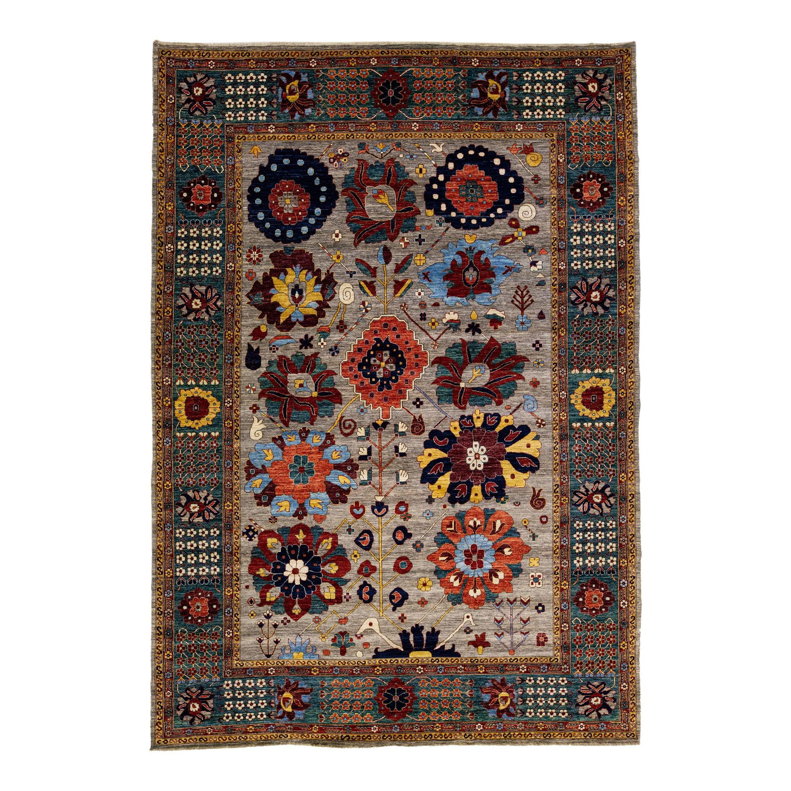 Antique Gray Serapi Style Hand-Knotted Floral Wool Rug 10' x 13'10": Antique Gray Serapi Style Hand-Knotted Floral Wool Rug 10' x 13'10" This exquisite antique Serapi style rug features a stunning gray field adorned with a vibrant green-designed frame and a captivating