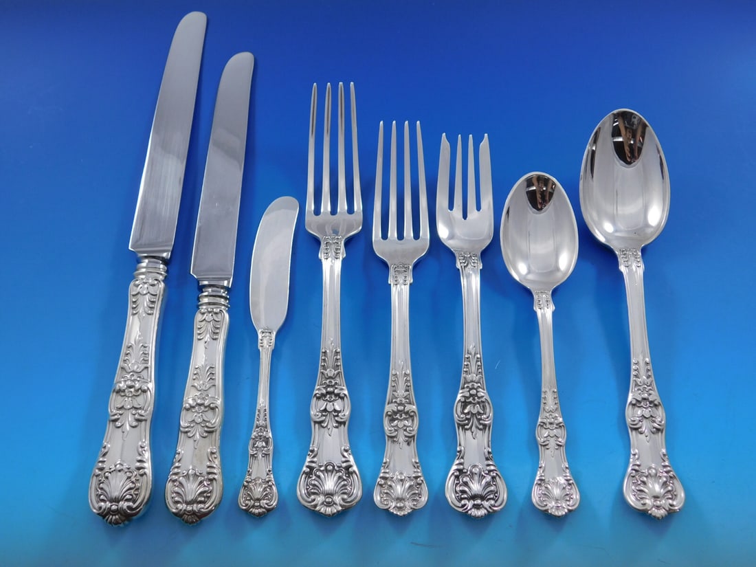 Tiffany & Co English King Sterling Silver Flatware Set 69 pcs with Storage Chest: Tiffany & Co English King Sterling Silver Flatware Set 69 pcs with Storage Chest Enhance your dining experience with this exquisite 69-piece English King flatware set by Tiffany & Co. Crafted from ste