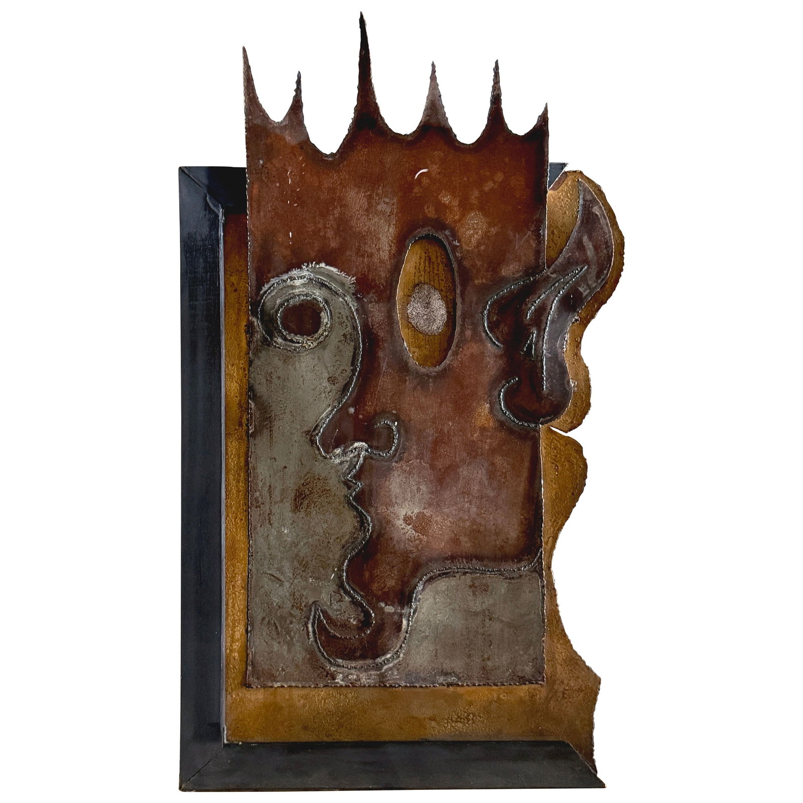Crowned in Silence Welded Steel Sculpture Duality Art 49x29: Crowned in Silence Welded Steel Sculpture Duality Art 49x29 Introducing the monumental wall-mounted sculpture titled "Crowned in Silence," a striking exploration of duality and interior dialogue, craf