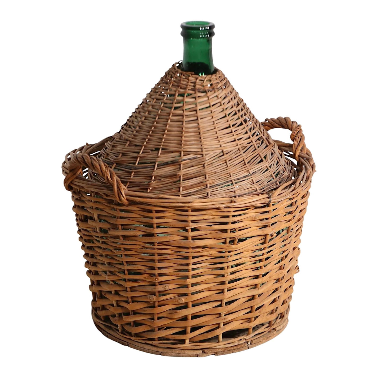 Vintage French Glass Demijohn with Wicker Basket and Cone Top: Vintage French Glass Demijohn with Wicker Basket and Cone Top This exceptional French demijohn glass bottle comes beautifully encased in a woven wicker basket, making it a stunning decorative piece fo