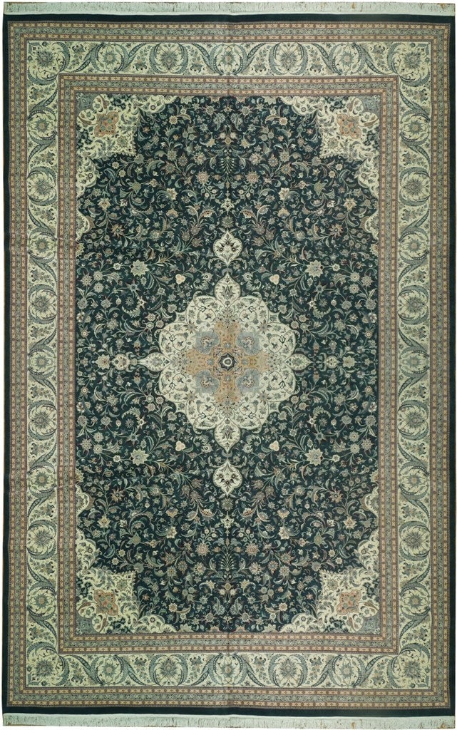 12'1 x 17'11 Pine Green Signed Pakistani Hand-Knotted Luxury Area Rug: 12'1 x 17'11 Pine Green Signed Pakistani Hand-Knotted Luxury Area Rug Free continental US Shipping Elevate your living space with this exquisite 12' x 18' Pine Green Signed Pakistani High-End Rug, a t