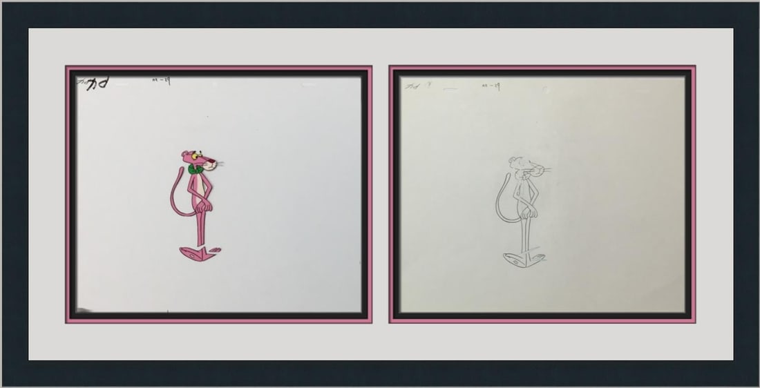 Original 1970 Pink Panther Hand Painted Production Cel Framed: Original 1970 Pink Panther Hand Painted Production Cel Framed This exquisite hand-painted animation production cel features the iconic character Pink Panther, created by Freleng Studios. Produced in 1