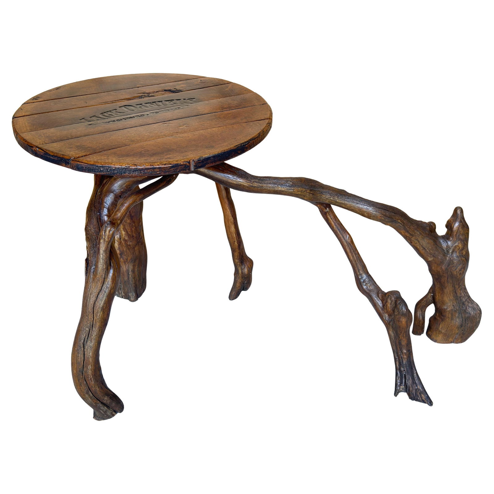 1960s Jack Daniel's Folk Art Barrel-Top Table with Cypress Root Base: 1960s Jack Daniel's Folk Art Barrel-Top Table with Cypress Root Base This American Folk Art Jack Daniel's Barrel-Top and Cypress Root Table, crafted circa the 1960s, is a stunning piece of mid-20th-ce