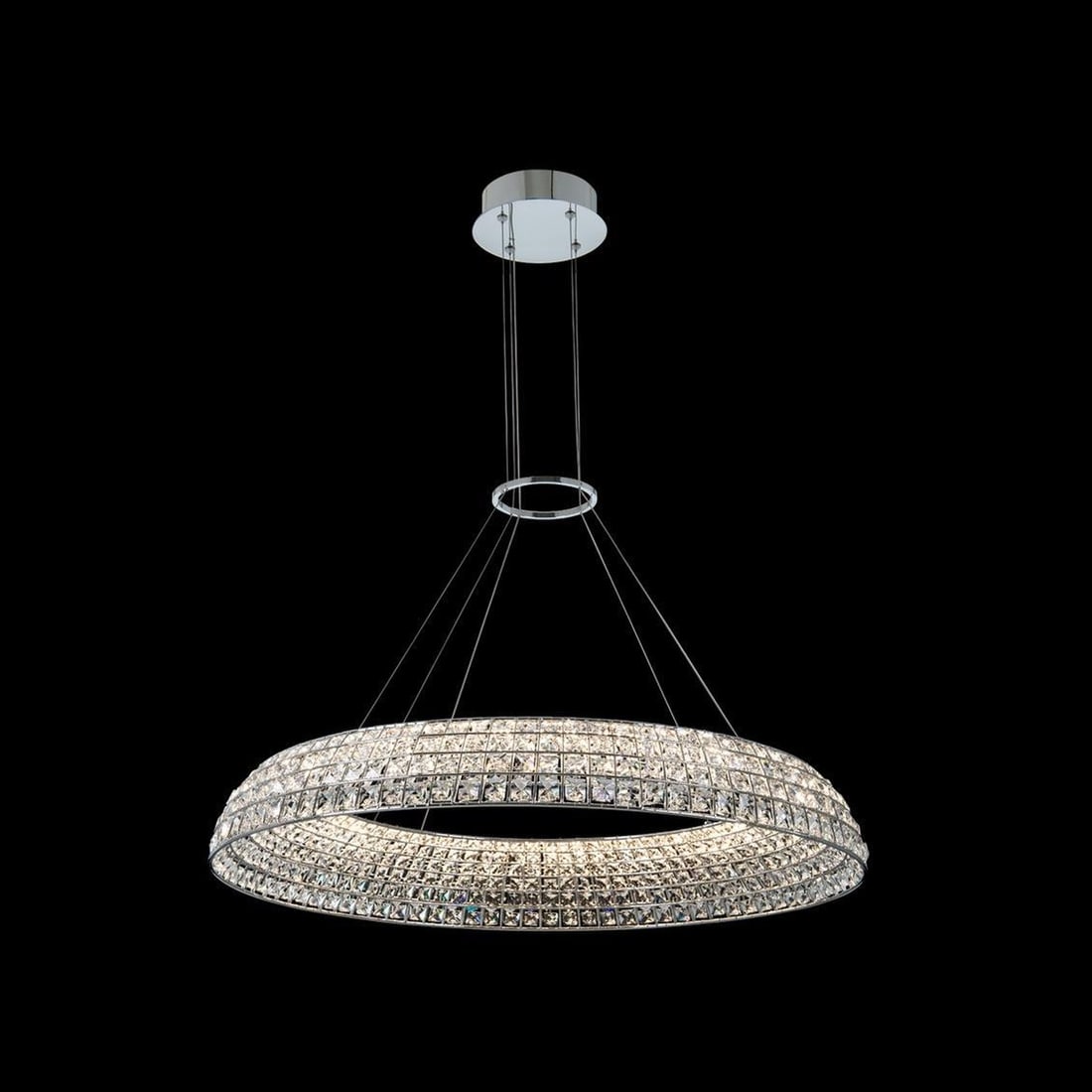 Kalco Nuvole Crystal LED Pendant 36-In Dimmable Chrome Light: Kalco Nuvole Crystal LED Pendant 36-In Dimmable Chrome Light Illuminate your space with the Nuvole Crystal Pendant, a stunning embodiment of modern elegance. This LED pendant light features a striking