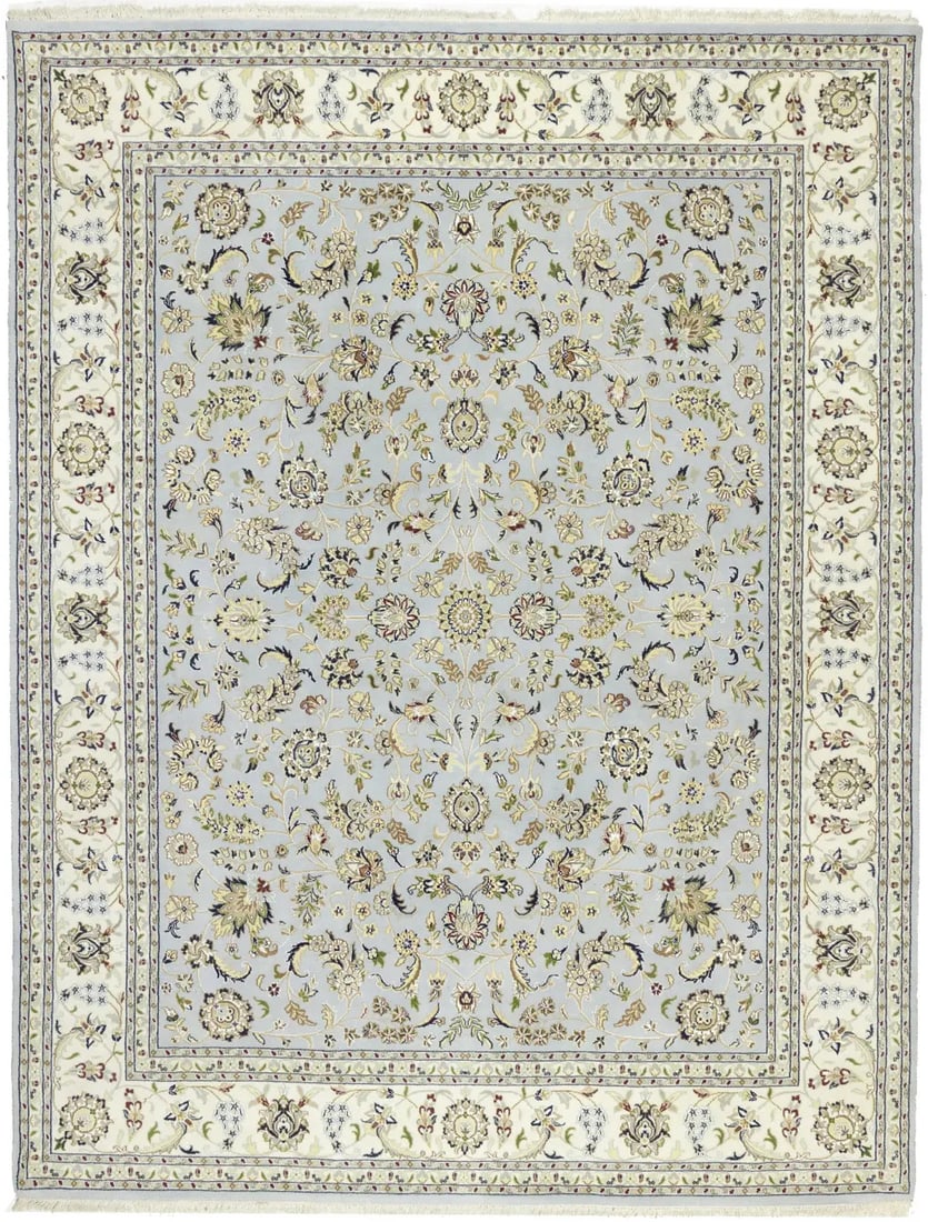 Hand-Knotted Indo-Nain Wool and Silk 8'0 x 10'1 Floral Area Rug from India: Hand-Knotted Indo-Nain Wool and Silk 8'0 x 10'1 Floral Area Rug from India This large handmade Indo-Nain Oriental rug features a classic floral pattern in a traditional vintage style. Crafted in India