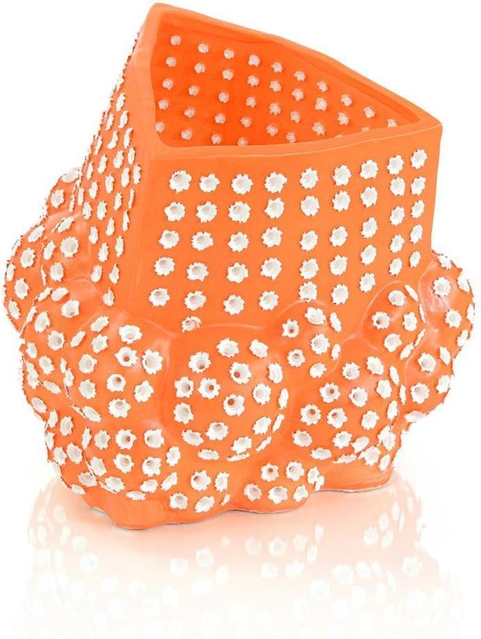 John-Richard Contemporary Persimmon Orange Sphere Vase 13.75": John-Richard Contemporary Persimmon Orange Sphere Vase 13.75" This stunning contemporary vase features a unique artisan design embellished with vibrant orange spheres, perfect for adding a pop of colo