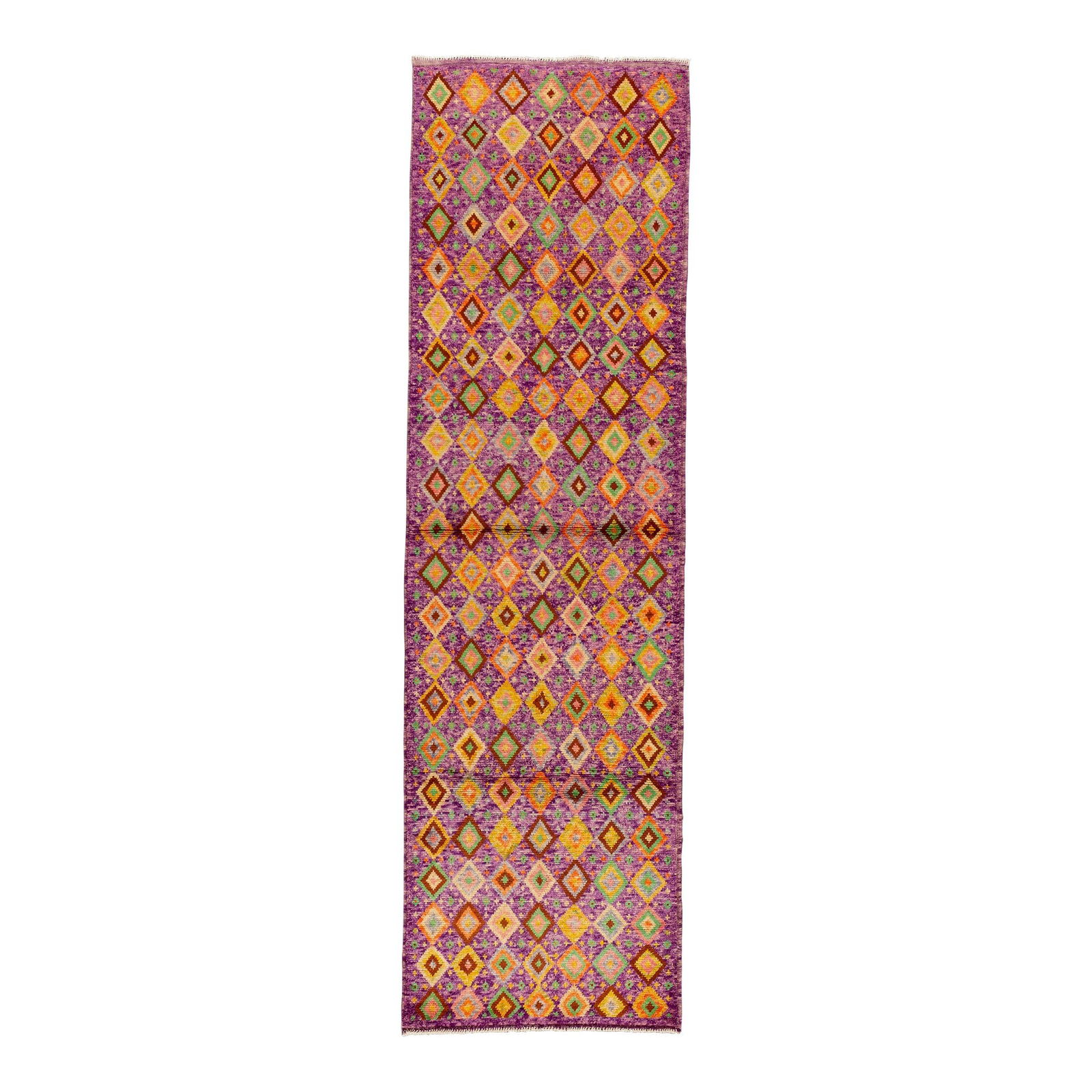 Handmade Gabbeh Purple Geometric Wool Runner 2'9 x 9'3: Handmade Gabbeh Purple Geometric Wool Runner 2'9 x 9'3 Enhance your space with this stunning modern Gabbeh hand-knotted wool runner. Featuring a rich purple field complemented by a vibrant all-over ge