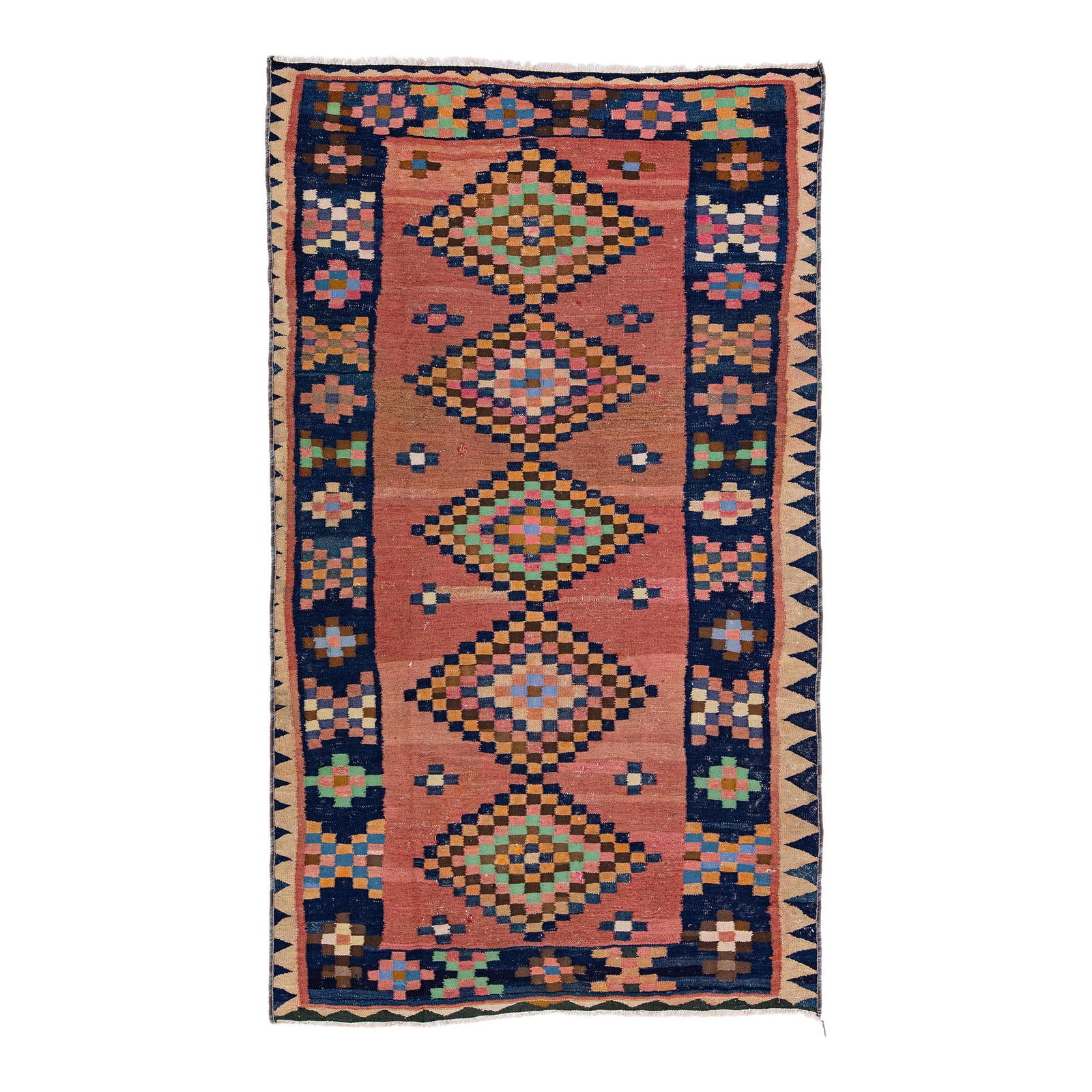 Vintage Turkish Kilim Peach Wool Rug Handmade Tribal Design 4'6 x 7'8: Vintage Turkish Kilim Peach Wool Rug Handmade Tribal Design 4'6 x 7'8 This exquisite vintage Turkish Kilim rug features a soft peach field, beautifully complemented by a navy blue frame and vibrant mu