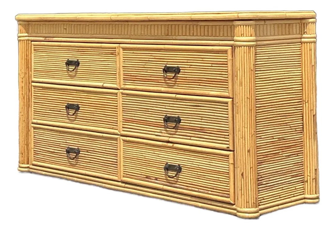 Vintage Coastal Pencil Reed Column Dresser with Six Drawers: Vintage Coastal Pencil Reed Column Dresser with Six Drawers Discover the elegance of coastal living with this Vintage Pencil Reed Column Dresser. Wrapped in slender reeds, it features a captivating li