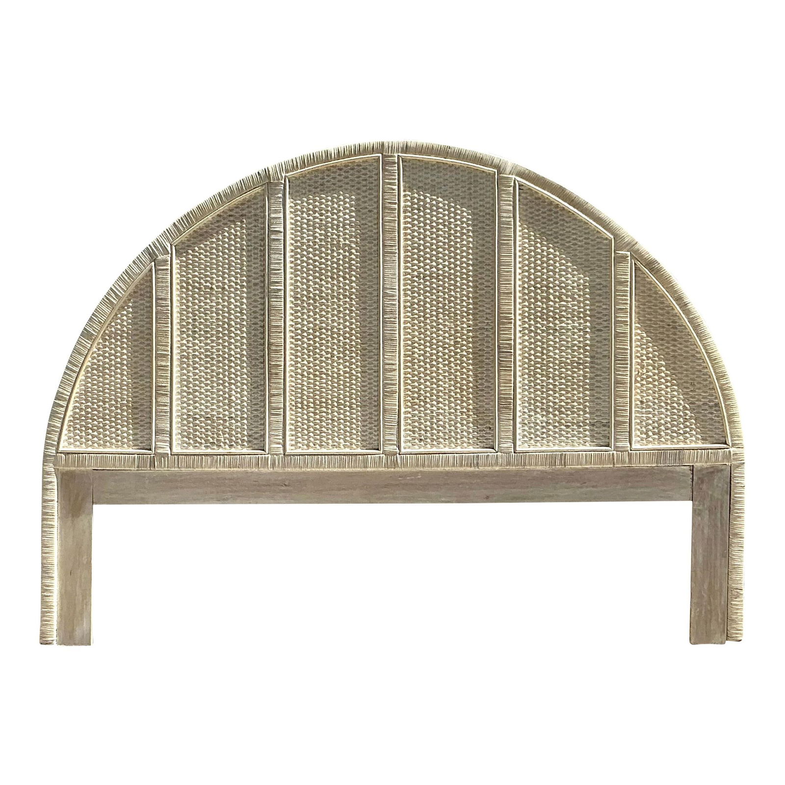 Vintage Coastal Rattan Arched King Headboard 78.25" W: Vintage Coastal Rattan Arched King Headboard 78.25" W Elevate your bedroom with the serene elegance of this vintage coastal wrapped rattan arched king headboard. Featuring a graceful half-moon silhoue