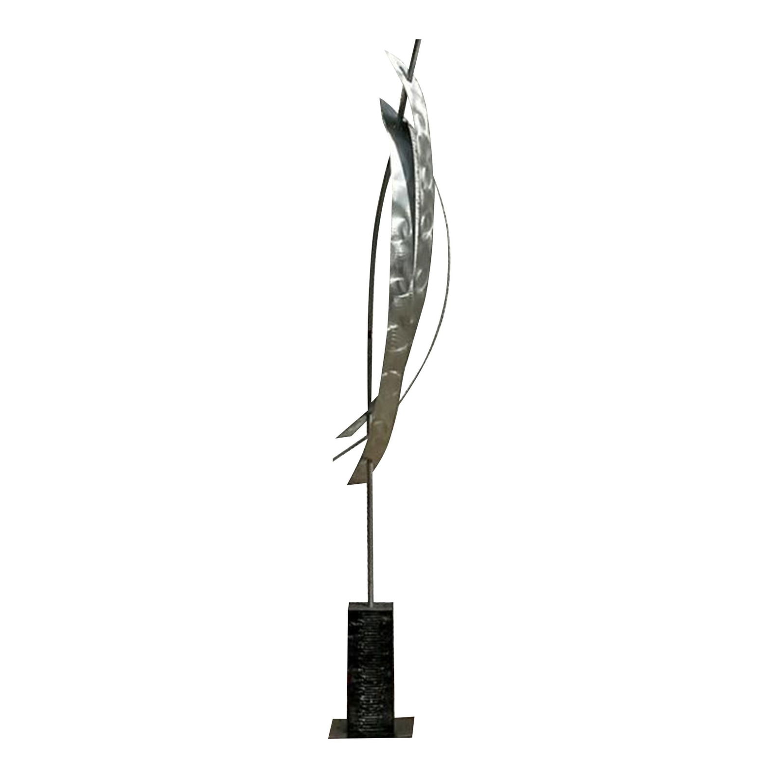 Vintage Boho Abstract Brushed Steel Sculpture 82 x 14 x 9.5: Vintage Boho Abstract Brushed Steel Sculpture 82 x 14 x 9.5 This vintage Boho monumental abstract sculpture is crafted from brushed steel and features sleek, modern lines and a reflective surface, mak