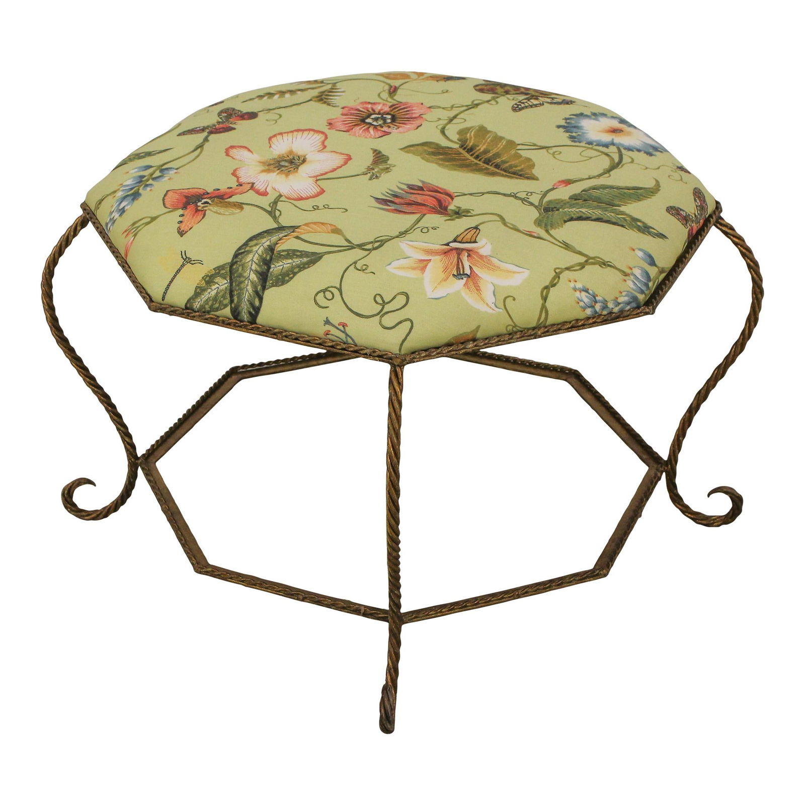 Large Octagonal Gold Gilt Ottoman Table with Scrolled Iron Base: Large Octagonal Gold Gilt Ottoman Table with Scrolled Iron Base This stunning large octagonal ottoman or table features a bright, vibrant upholstered seat, perfect for enhancing your living space. Wit