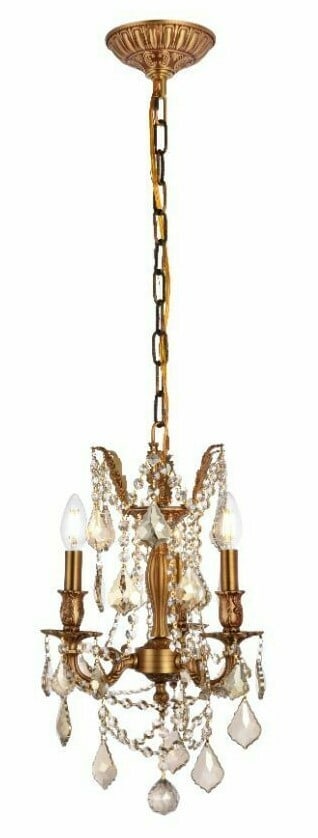 Rosalia 3-Light French Gold Pendant Chandelier with Golden Teak Crystals: Rosalia 3-Light French Gold Pendant Chandelier with Golden Teak Crystals Illuminate your space with this stunning French Gold Pendant Ceiling Hanging Light Fixture. Featuring a modern design complemen