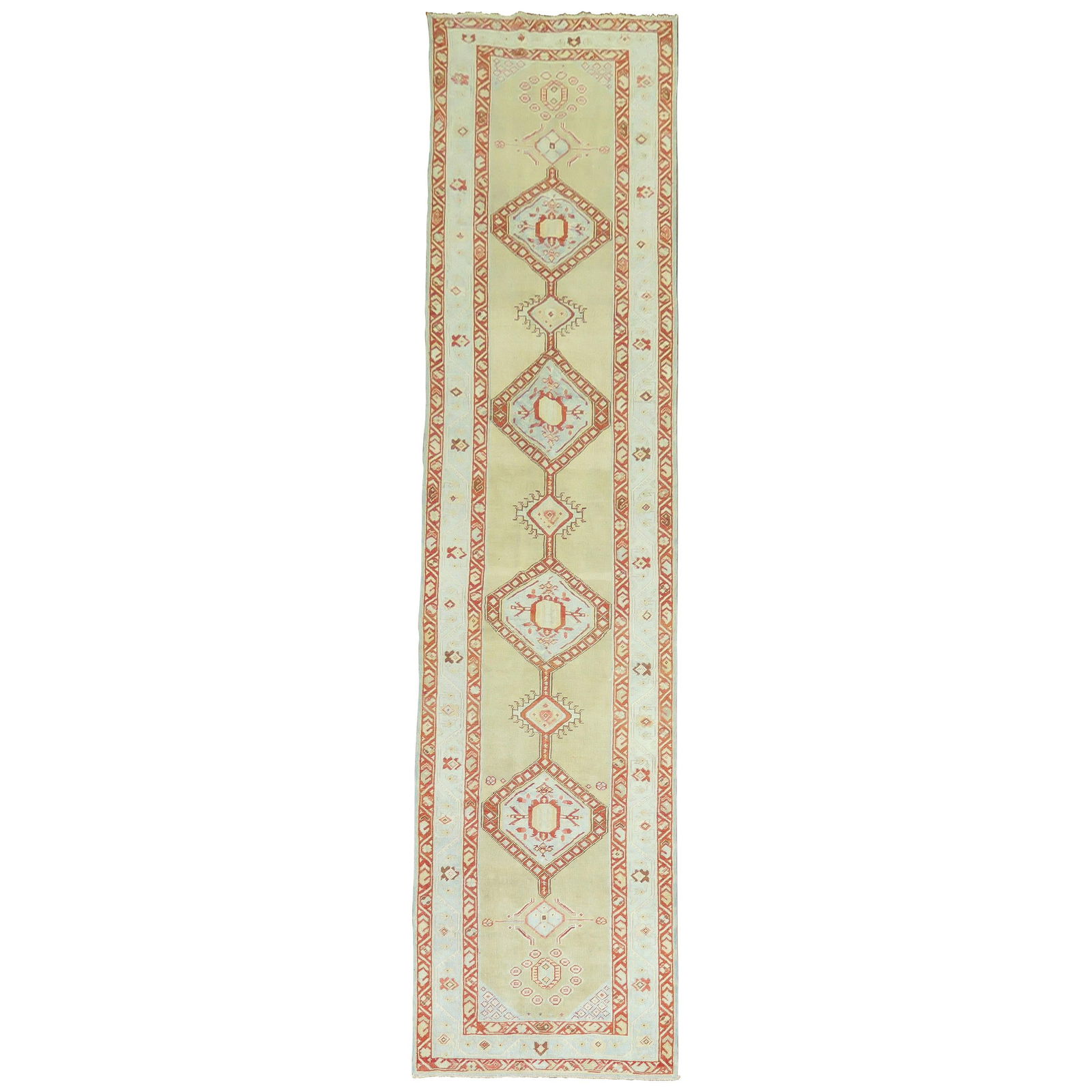 Early 20th Century Persian Tribal Runner 3 x 13 Wool Hand-Knotted: Early 20th Century Persian Tribal Runner 3 x 13 Wool Hand-Knotted This exquisite early 20th century Persian Serab runner features a tranquil tea green field, accented beautifully with light blue and r