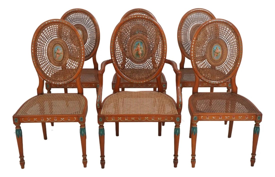 Set of 6 Italian Neoclassical Cane Back Chairs with Stunning Finish: Set of 6 Italian Neoclassical Cane Back Chairs with Stunning Finish This exquisite set of 6 Italian Neoclassical cane back dining room chairs showcases a stunning paint-decorated finish featuring char