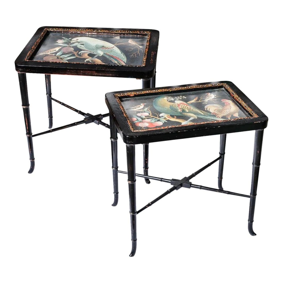 Exquisite Pair of French Hollywood Regency Drinks Tables with Painted Birds: Exquisite Pair of French Hollywood Regency Drinks Tables with Painted Birds This exquisite pair of French drinks tables showcases a stunning Hollywood Regency style, featuring a painted black finish a