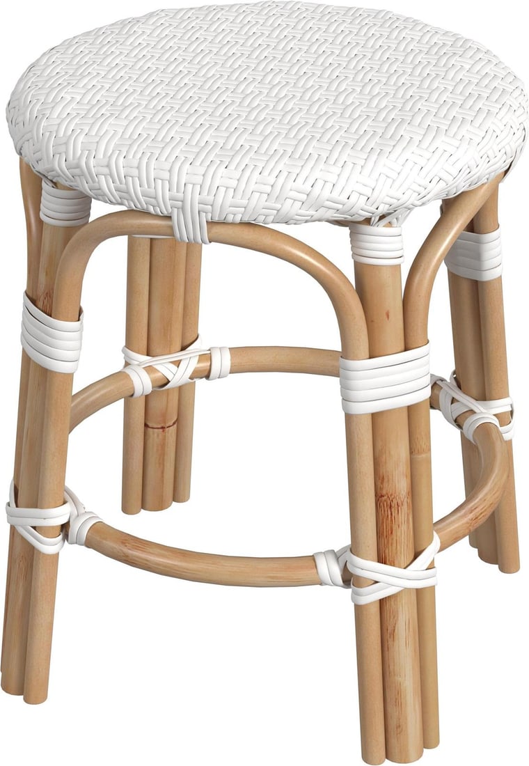 Butler Tobias Round Rattan Stool in Glossy White: Butler Tobias Round Rattan Stool in Glossy White Introducing the Elegant Rattan Stool, a perfect addition to your transitional decor. This stylish round stool features a natural rattan frame finished