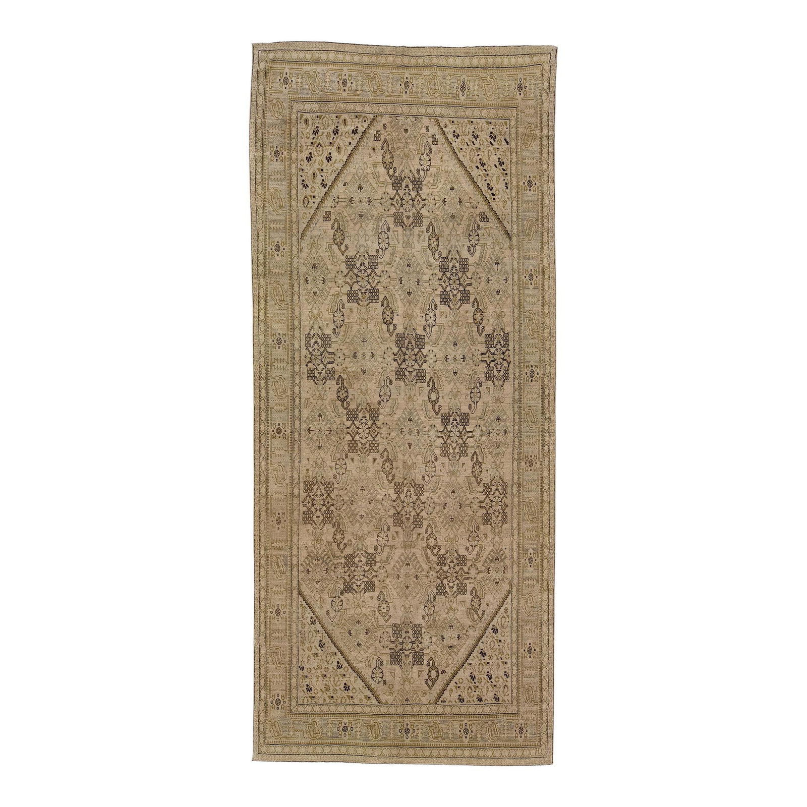 Beige Antique Karabagh Wool Rug Floral Design 6'2 x 14'6: Beige Antique Karabagh Wool Rug Floral Design 6'2 x 14'6 Enhance your living space with this exquisite handmade Karabagh wool area rug, showcasing an elegant floral design in muted tones against a ric