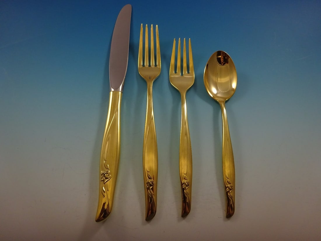 Gorham Sea Rose Gold Vermeil Sterling Silver Flatware Set 32 Pc for 8: Gorham Sea Rose Gold Vermeil Sterling Silver Flatware Set 32 Pc for 8 Elevate your dining experience with the Sea Rose Gold by Gorham Sterling Silver Flatware Set. This exquisite 32-piece set features