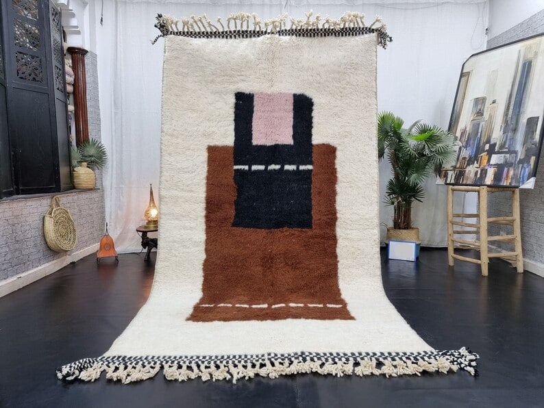 Moroccan Berber Handwoven Rug 10 x 5 Feet White Brown Wool: Moroccan Berber Handwoven Rug 10 x 5 Feet White Brown Wool Elevate your space with this stunning handmade Moroccan Berber area rug, featuring a beautiful blend of white and brown hues. Skillfully hand