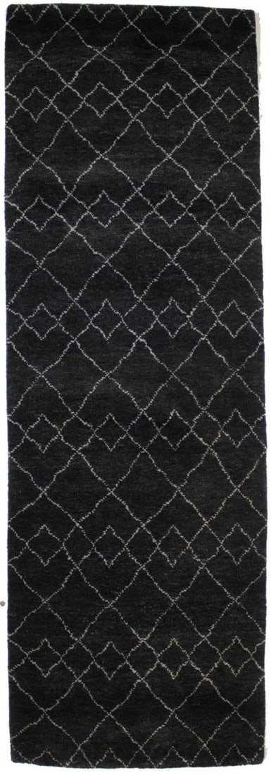 Hand-Knotted Moroccan Style 2'8 x 8' Charcoal Runner Rug: Hand-Knotted Moroccan Style 2'8 x 8' Charcoal Runner Rug Enhance your space with this stunning 3' x 8' Tribal Design Oriental Runner Rug, perfect for your kitchen or hallway. Crafted in India, this be