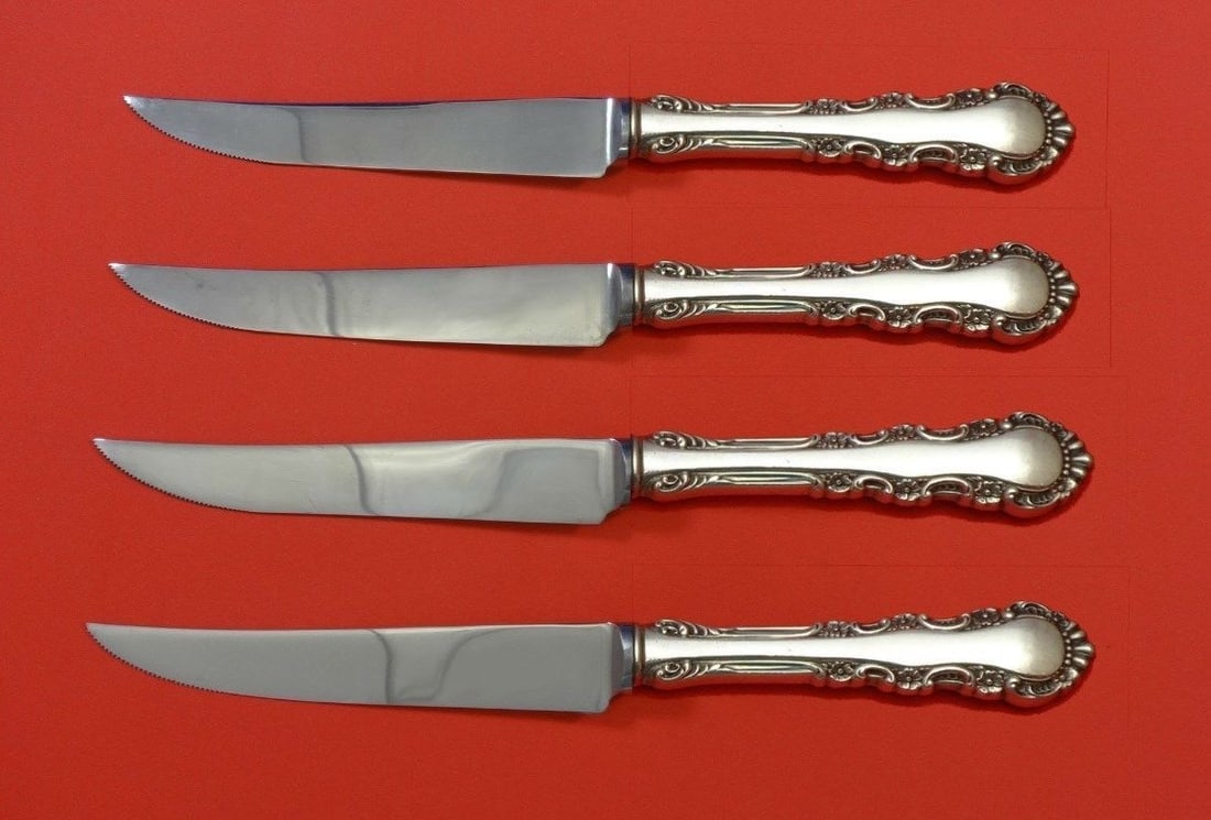 Reed & Barton Georgian Rose Sterling Silver Steak Knife Set 4pc Custom: Reed & Barton Georgian Rose Sterling Silver Steak Knife Set 4pc Custom Introducing the exquisite Georgian Rose Sterling Silver Steak Knife Set by Reed & Barton, a beautiful addition to your dining exp