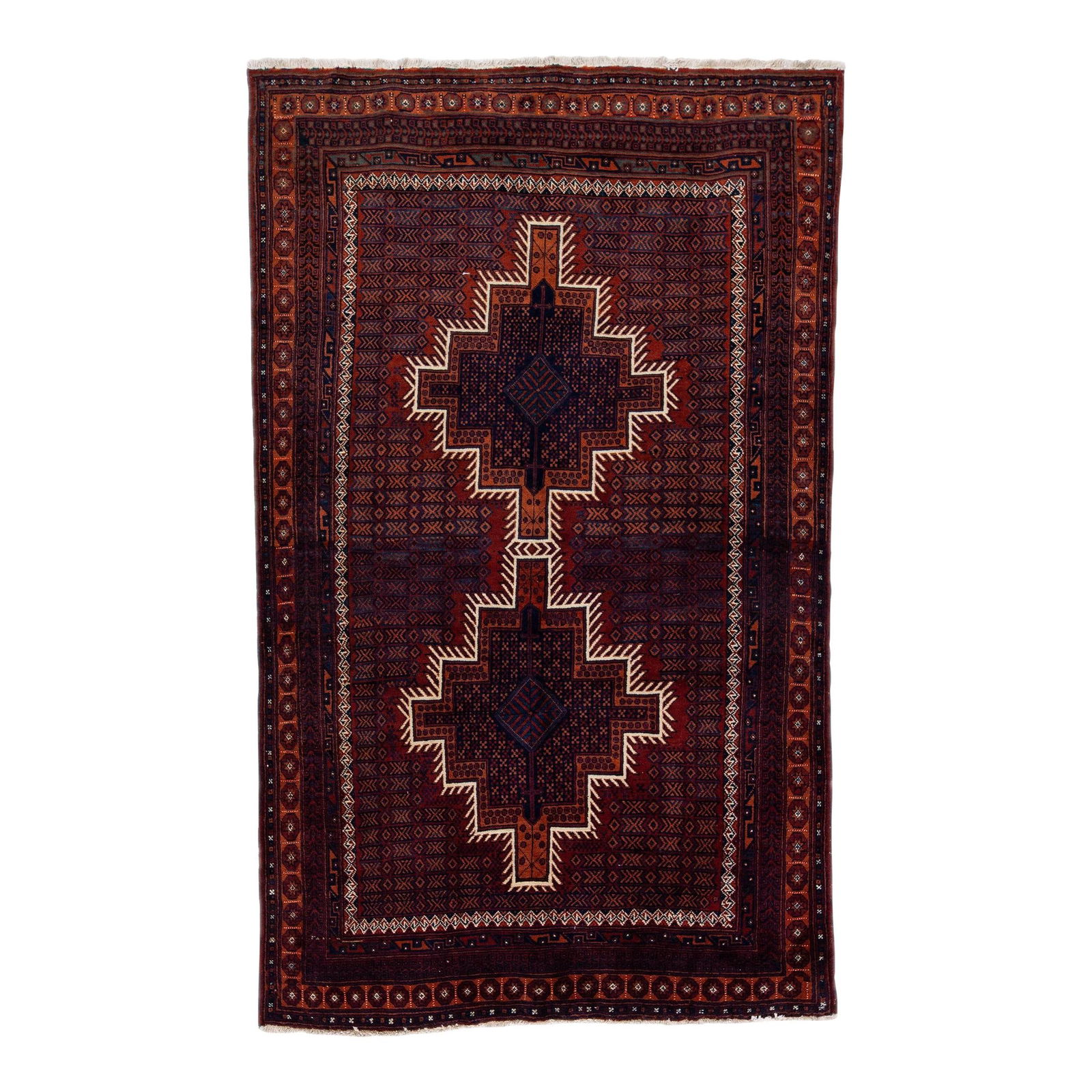 1960s Persian Heriz Handmade Red Wool Rug 5' x 8'4: 1960s Persian Heriz Handmade Red Wool Rug 5' x 8'4 This stunning vintage Persian Heriz rug is handmade from high-quality wool, showcasing a rich red color field complemented by a rust frame and vibran
