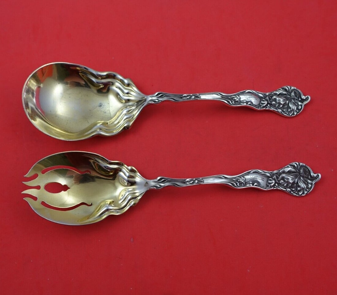 Shiebler Fiorito Sterling Silver Salad Serving Set 2pc Gold Wash Monogrammed 9 1/4": Shiebler Fiorito Sterling Silver Salad Serving Set 2pc Gold Wash Monogrammed 9 1/4" Elevate your dining experience with this exquisite 2-piece salad serving set from the renowned Shiebler brand, featu