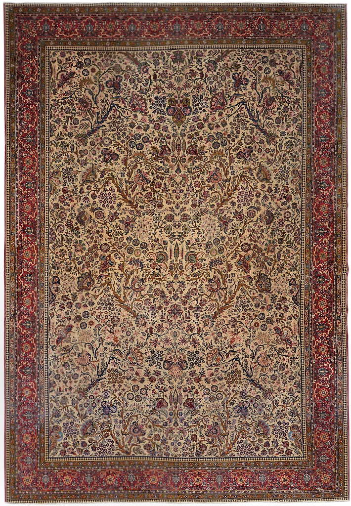 Persian Tabriz Wool Rug 120 x 163 Inch Hand Knotted Tree Motif Semi-Antique: Persian Tabriz Wool Rug 120 x 163 Inch Hand Knotted Tree Motif Semi-Antique Free continental US Shipping This semi-antique Persian Tabriz area rug features a hand-knotted wool pile with a detailed tre
