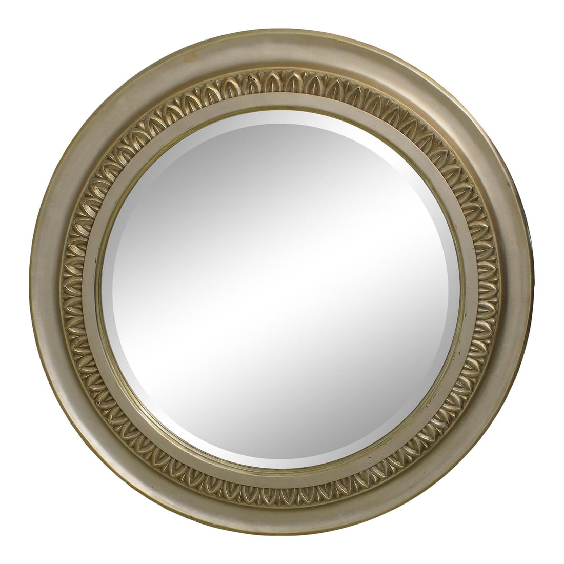 Large Round Silver Finish Beveled Glass Mirror with Gold Sheen: Large Round Silver Finish Beveled Glass Mirror with Gold Sheen Enhance your space with this stunning large round beveled glass mirror featuring a sophisticated silver finish with a subtle goldish shee