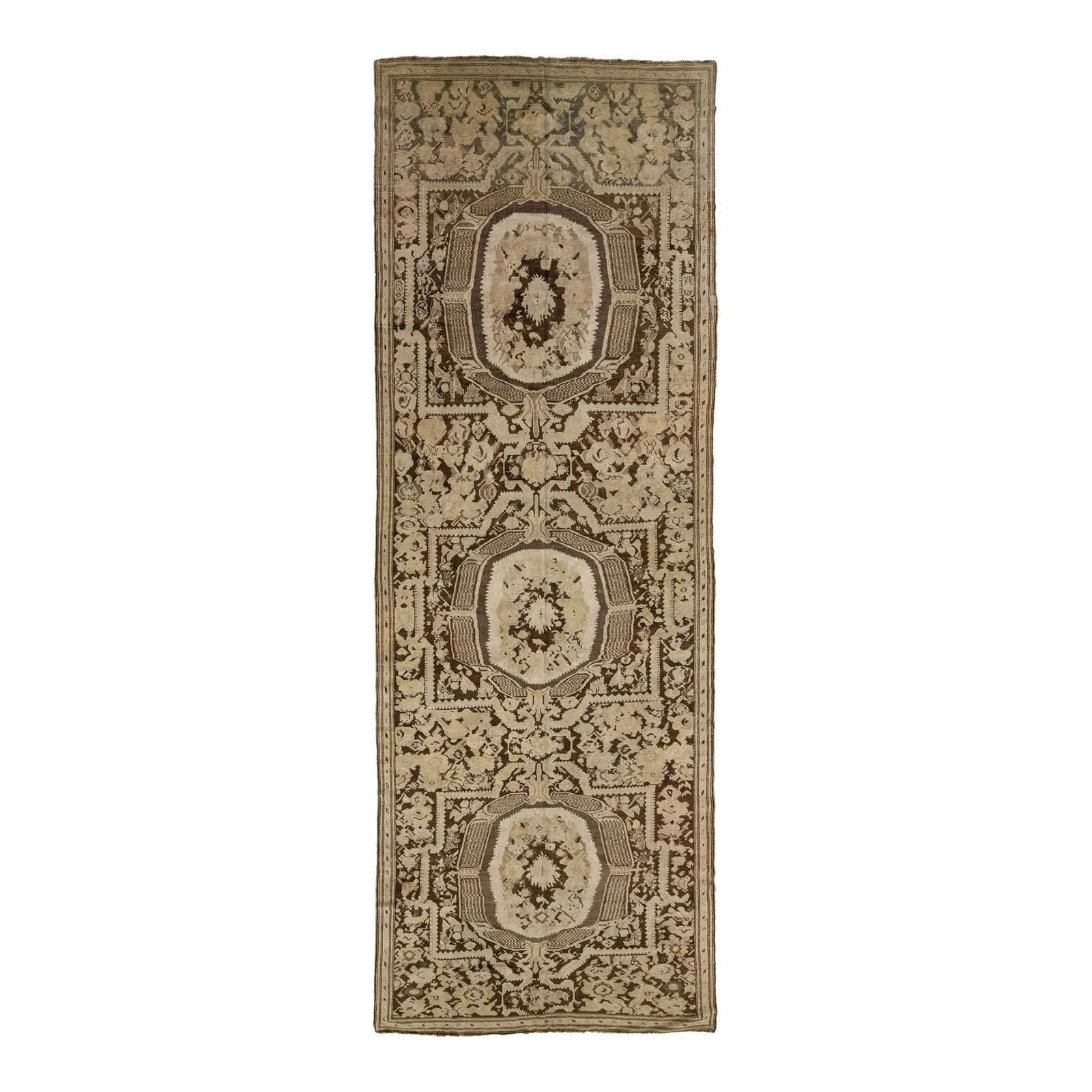 Antique Karabaugh Wool Runner Brown Geometric Tribal Design 6'7 x 19'7: Antique Karabaugh Wool Runner Brown Geometric Tribal Design 6'7 x 19'7 This exquisite antique Karabaugh hand-knotted wool runner features a rich brown field adorned with beautiful beige and gray accen