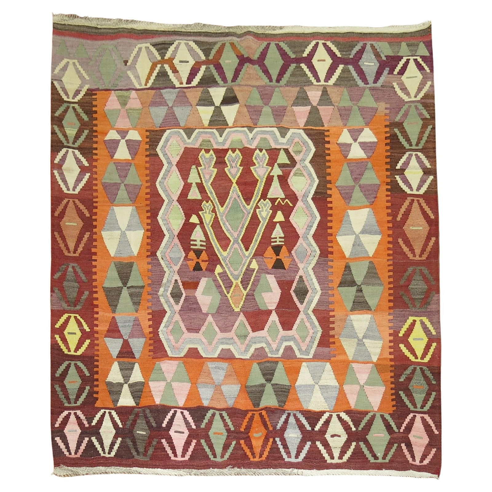 80 x 84 Inch Turkish Wool Kilim Rug With Geometric Motif Mid-20th Century: 80 x 84 Inch Turkish Wool Kilim Rug With Geometric Motif Mid-20th Century This mid-20th century Turkish Kilim features a square geometric design and is hand-woven from wool using the Jijim weaving tec