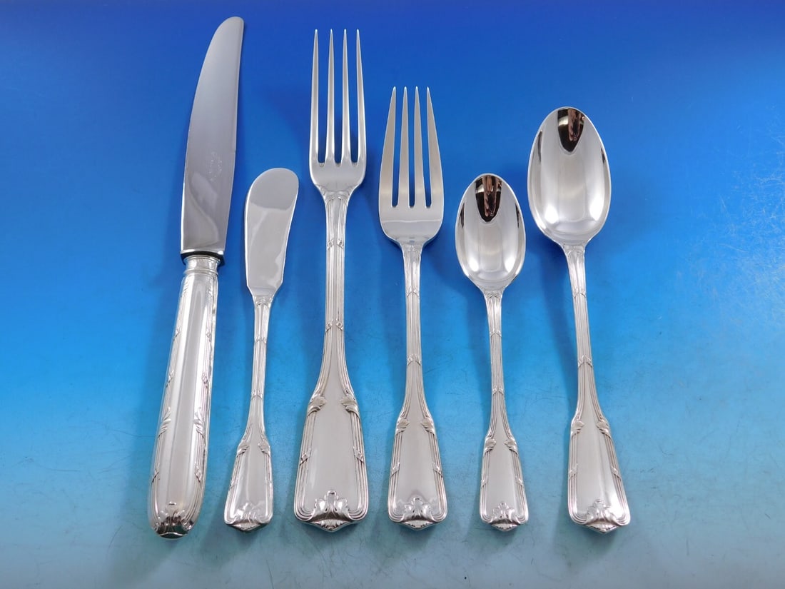 Souche Lapparra Chateaudun Sterling Silver Flatware Set 85 pcs with Storage Chest: Souche Lapparra Chateaudun Sterling Silver Flatware Set 85 pcs with Storage Chest Presenting the exquisite Chateaudun flatware set by Souche Lapparra, crafted in fine sterling silver. This remarkable