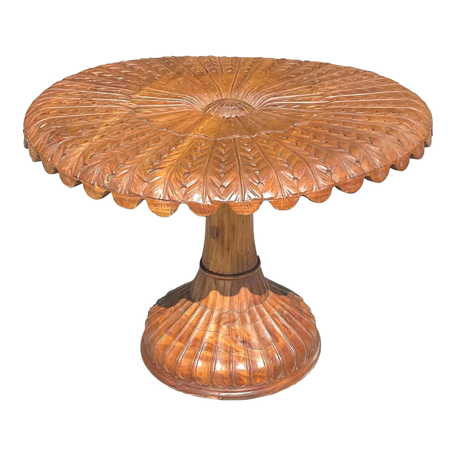 Vintage Boho Carved Wood Center Hall Table American Style 48x48: Vintage Boho Carved Wood Center Hall Table American Style 48x48 Add a touch of artistic charm to your home with this late 20th Century vintage Boho center hall table. This exquisite piece features int