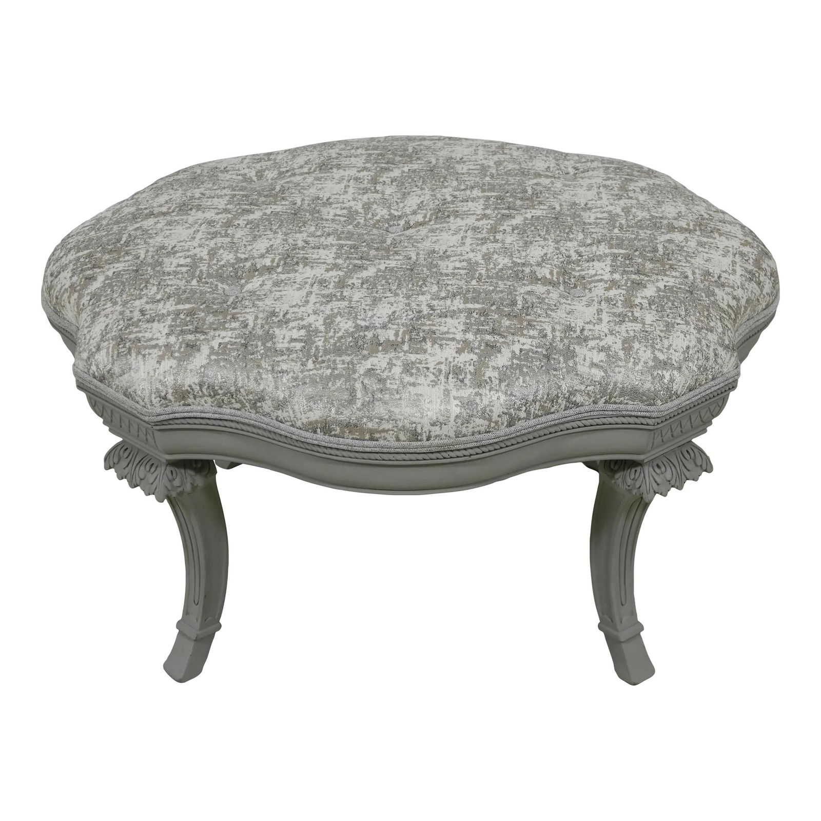 Shabby Chic Tufted Ottoman with Gray Chalk Paint Finish: Shabby Chic Tufted Ottoman with Gray Chalk Paint Finish This beautifully upholstered tufted seat ottoman features a charming shabby chic design, perfect for enhancing your living space. It showcases a