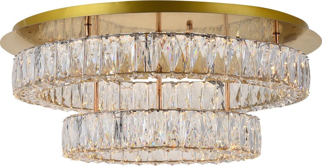 Monroe Collection Flush-Mount Ceiling Light in Gold and Royal-Cut Crystal: Monroe Collection Flush-Mount Ceiling Light in Gold and Royal-Cut Crystal Illuminate your space with the exquisite Monroe Collection Gold & Crystal Ceiling Light. Designed in a glamorous style, this f