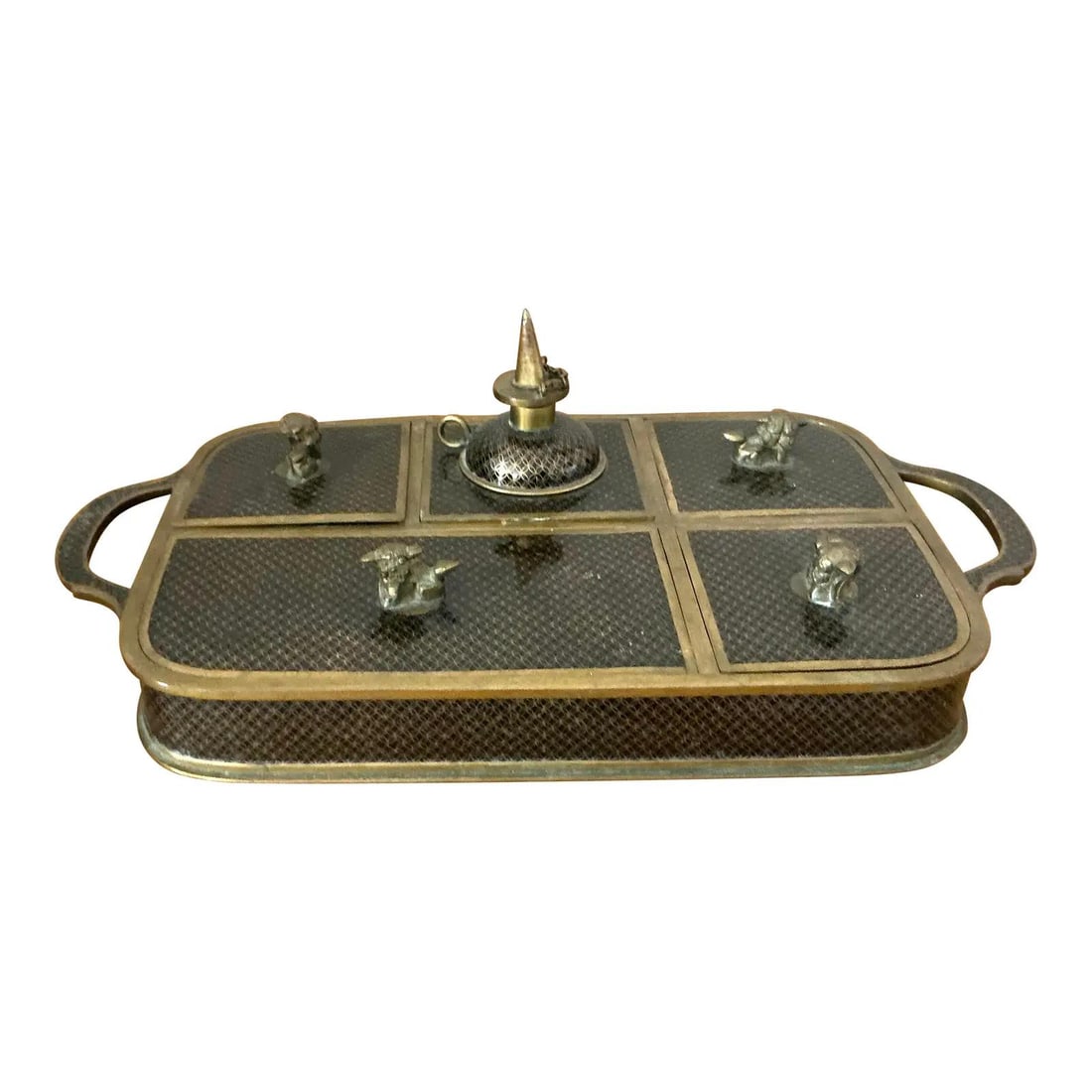 Antique Asian Cloisonne Desk Set with Foo Dog Finials: Antique Asian Cloisonne Desk Set with Foo Dog Finials Enhance your workspace with this stunning Vintage Asian Cloisonne Desk Set, a perfect blend of artistry and functionality. This exquisite antique