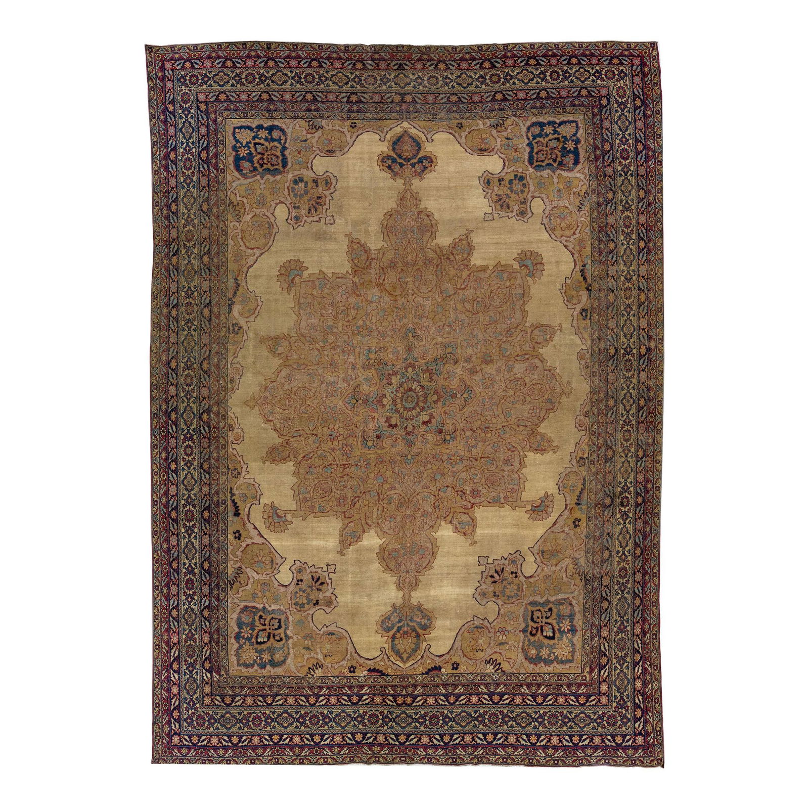 1880s Persian Kerman Wool Rug Tan Medallion Design 10'2 x 14'7: 1880s Persian Kerman Wool Rug Tan Medallion Design 10'2 x 14'7 This exquisite Persian Kerman wool rug showcases the artistry of antique craftsmanship, hand-knotted to perfection. The elegant tan color
