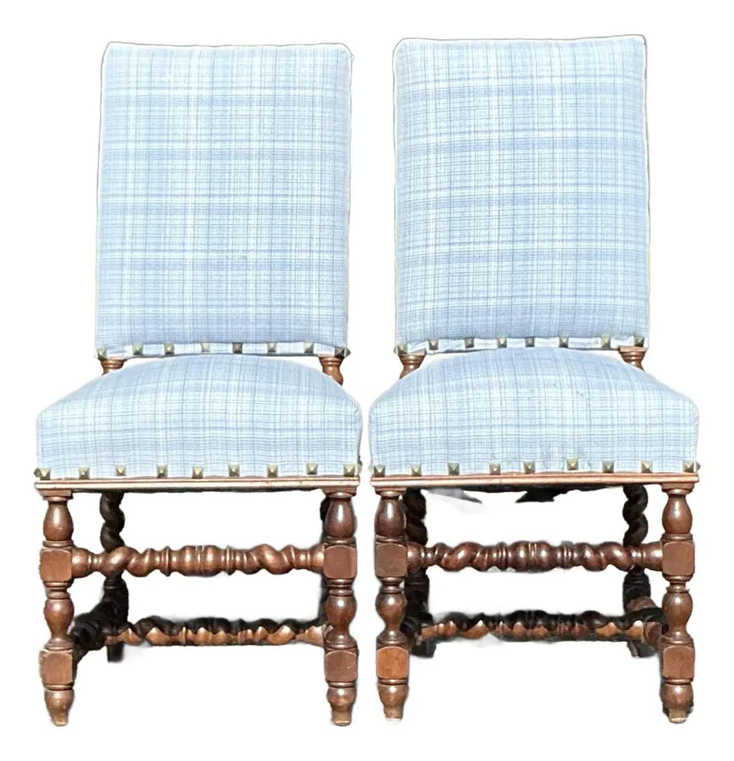 Pair of Vintage Boho Barley Twist Chairs Blue Plaid Fabric: Pair of Vintage Boho Barley Twist Chairs Blue Plaid Fabric Enhance your living space with this exquisite pair of Vintage Boho Barley Twist Chairs. Crafted with ornate turned wood bases and upholstered
