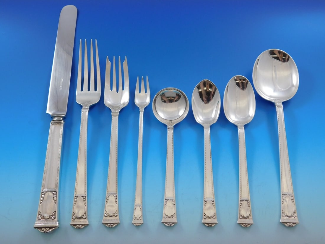 Tiffany & Co San Lorenzo 102 pc Sterling Silver Flatware Set Art Deco: Tiffany & Co San Lorenzo 102 pc Sterling Silver Flatware Set Art Deco Introducing the exquisite San Lorenzo Sterling Silver Flatware Service Set by Tiffany & Co., featuring a total of 102 meticulously