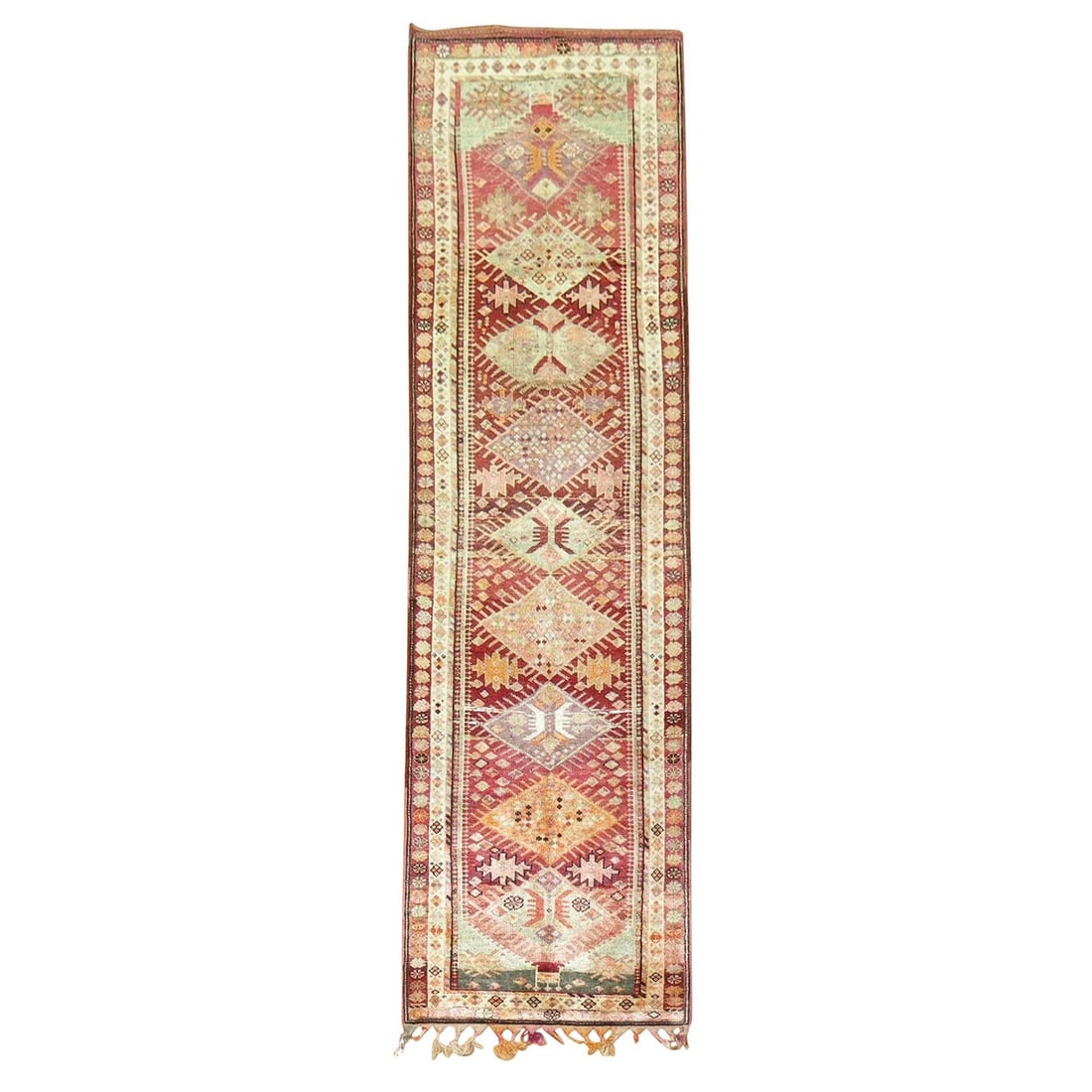 Red Wool Turkish Anatolian Runner with Geometric Pattern Circa 1940: Red Wool Turkish Anatolian Runner with Geometric Pattern Circa 1940 This one-of-a-kind Turkish Anatolian runner features a striking triangular geometric motif in vibrant colors set against a blood red