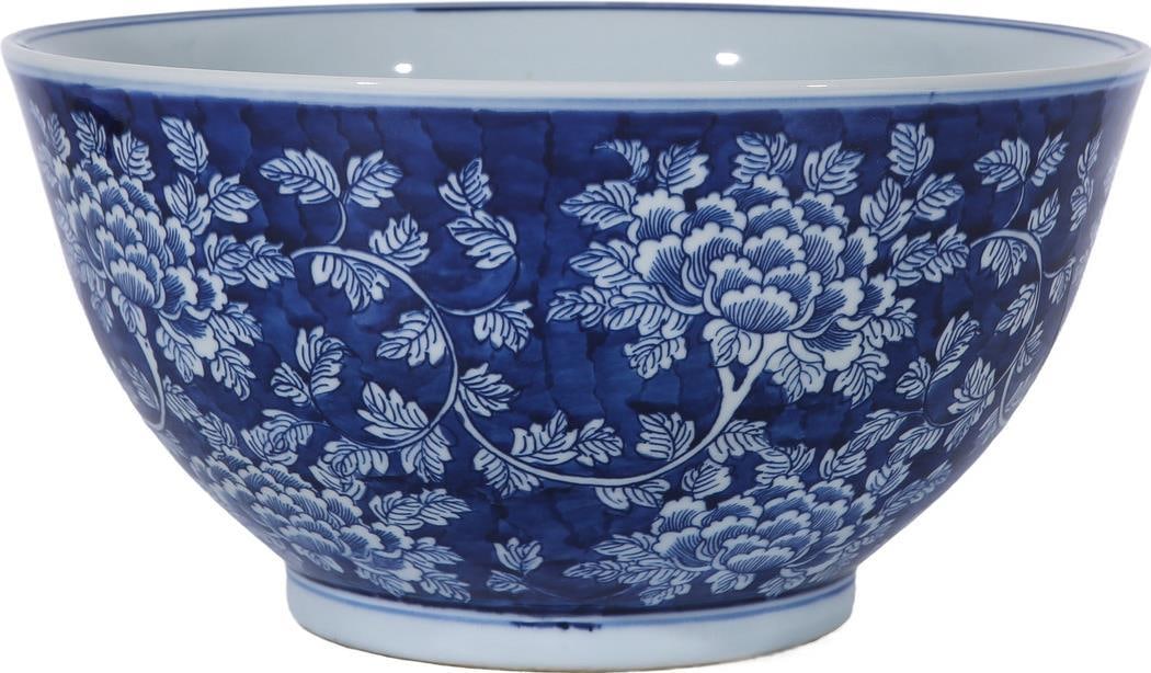 Handcrafted Chinoiserie Blue Peony Ceramic Bowl 14x14: Handcrafted Chinoiserie Blue Peony Ceramic Bowl 14x14 This unique handcrafted blue peony bowl is a stunning addition to any home decor. Crafted from high-quality ceramic, it features a beautiful blue