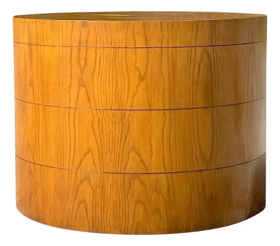 Vintage Boho Wood Drum Table with Three Bands 32x24 Chocolate: Vintage Boho Wood Drum Table with Three Bands 32x24 Chocolate Discover this exquisite late 20th-century vintage Boho side table, featuring a chic drum shape that perfectly complements any decor. The t
