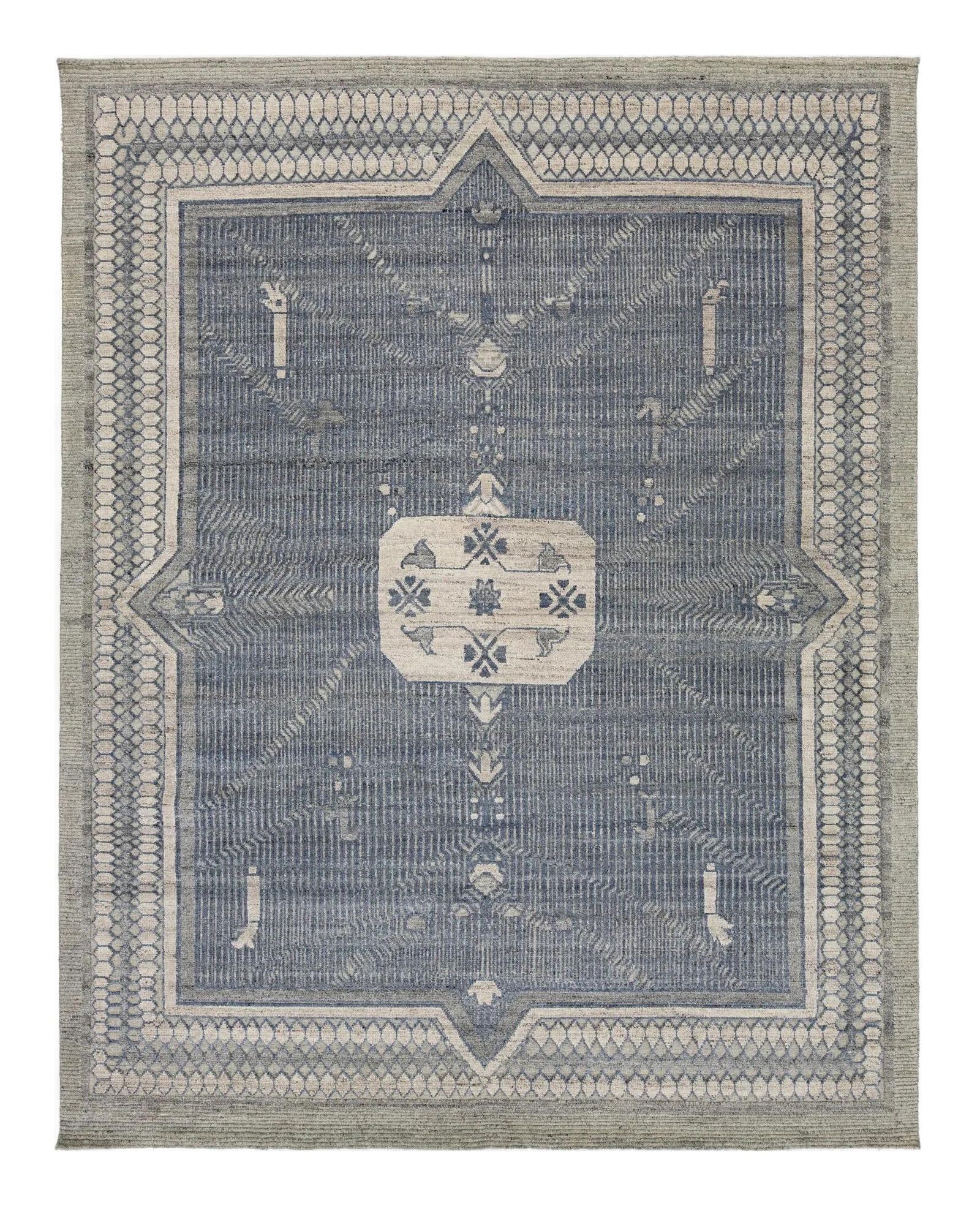 Oushak Style Hand-Knotted Wool Rug Blue Medallion Design 9'3 x 11'10: Oushak Style Hand-Knotted Wool Rug Blue Medallion Design 9'3 x 11'10 Enhance your living space with this stunning transitional Oushak style hand-knotted wool rug. Featuring a captivating gray and blue