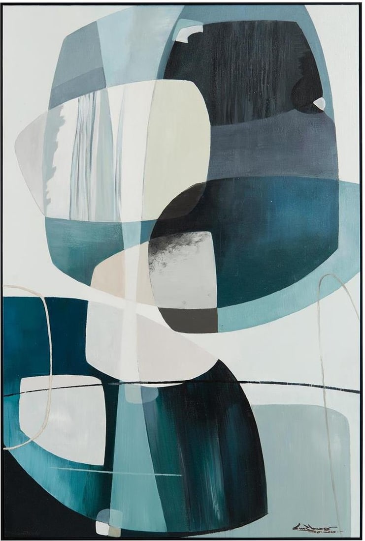 Lm Zhou Hand-Painted Abstract Blue Art in Black Frame: Lm Zhou Hand-Painted Abstract Blue Art in Black Frame Discover a captivating piece of art with this hand-painted blue abstract artwork by Lm Zhou. Featuring a geometric gallery molding shape, this art