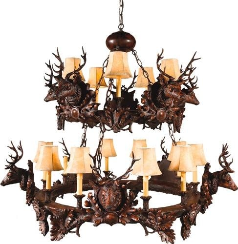Rustic Stag Head Bowl Chandelier Lodge Style 2-Tier: Rustic Stag Head Bowl Chandelier Lodge Style 2-Tier Illuminate your cozy spaces with this exquisite Handcrafted Rustic Stag Chandelier. Perfect for lodge-style interiors, this two-tier bowl chandelier