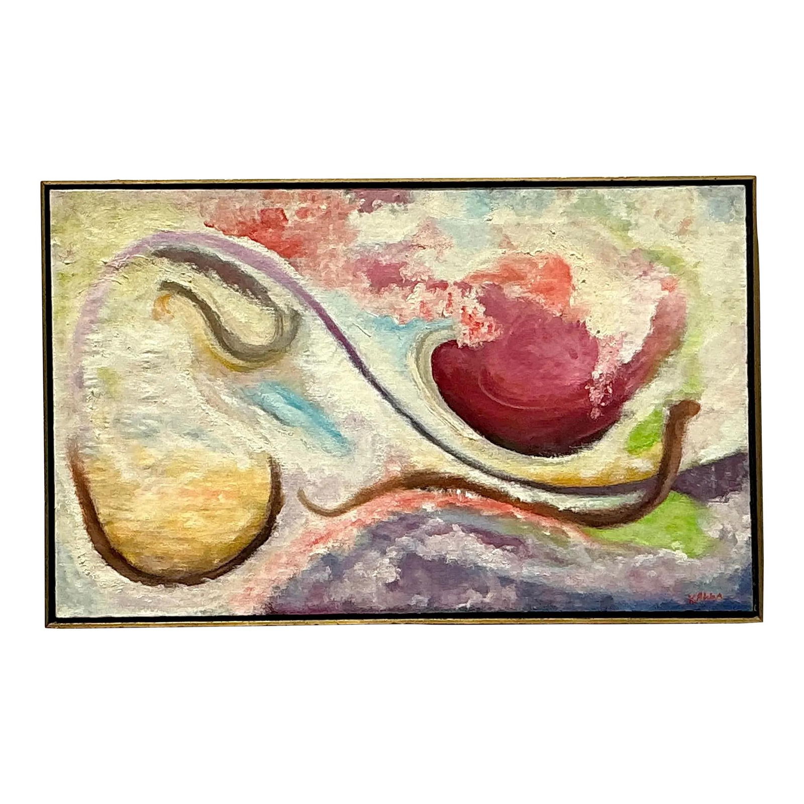 Vintage Boho Abstract Oil Painting Original on Canvas 37 x 23: Vintage Boho Abstract Oil Painting Original on Canvas 37 x 23 Transform your space with this captivating vintage boho abstract oil painting. An original work on canvas, it features bold swirls of crim