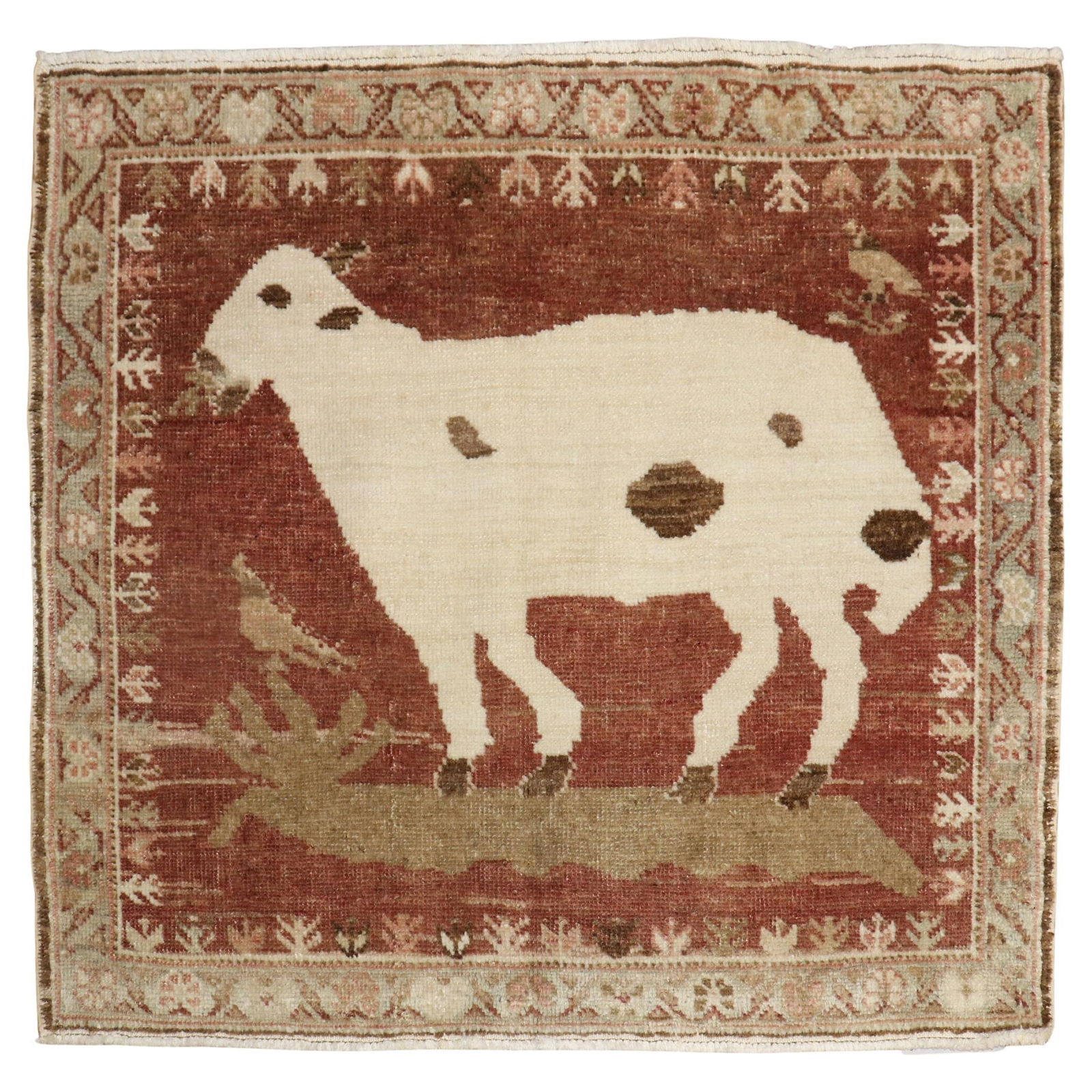 Vintage 1930s Turkish Hand-Knotted Wool Rug with Goat Design: Vintage 1930s Turkish Hand-Knotted Wool Rug with Goat Design This exquisite Brown Vintage Turkish Goat Rug showcases a stunning pictorial design featuring a white goat against a rich brown background.