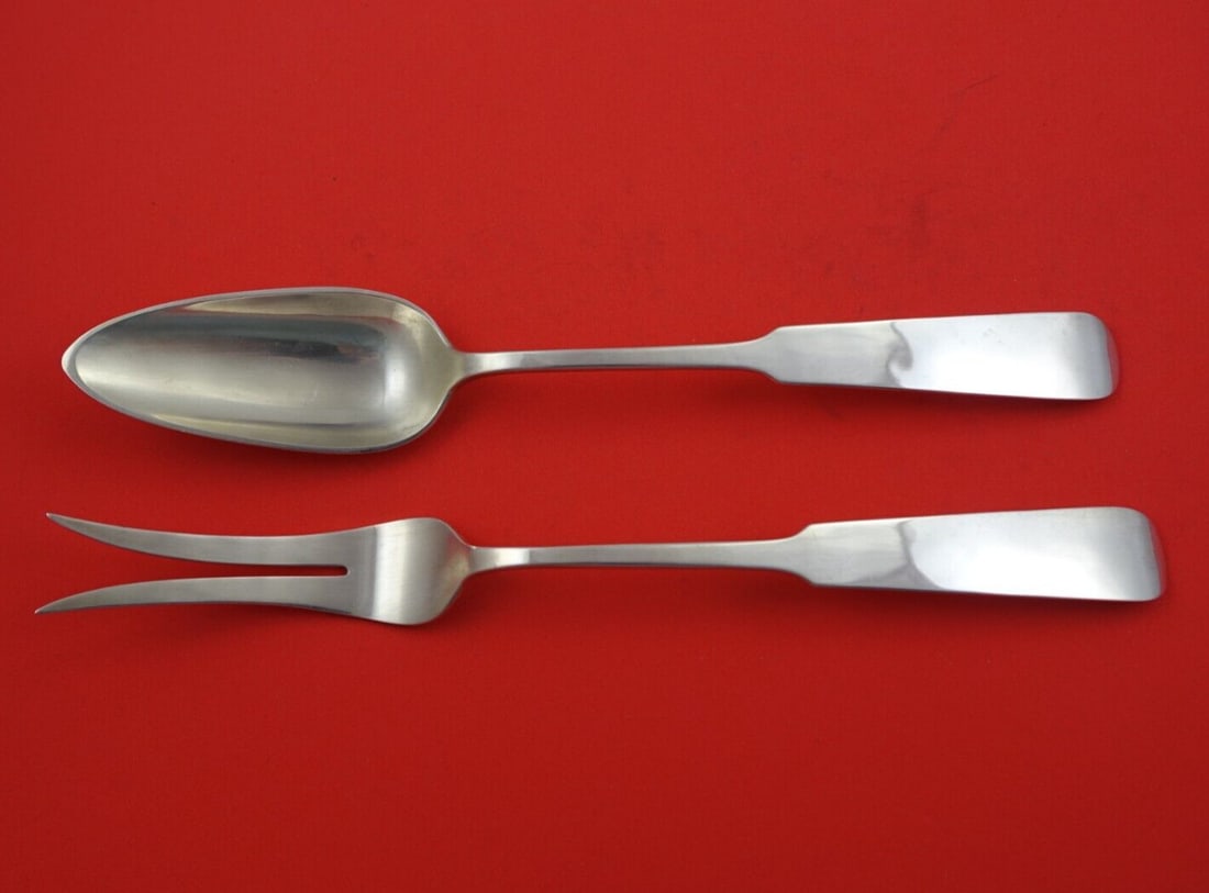 Old Newbury Crafters Panel Antique Sterling Silver 2pc Chop Set: Old Newbury Crafters Panel Antique Sterling Silver 2pc Chop Set This exquisite 2-piece chop set from Old Newbury Crafters, crafted in the elegant Panel Antique pattern, showcases the timeless beauty o